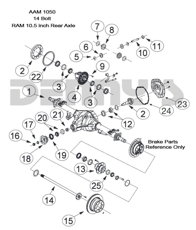 Parts diagram for AAM 10.5 inch 14 bolt REAR axle for 2003 to 2013 Dodge Ram 2500, 3500 at Denny's Driveshafts