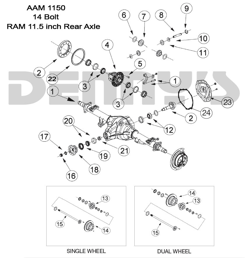 Parts diagram for AAM 11.5 inch 14 bolt REAR axle for 2003 and newer Dodge Ram 2500, 3500 at Denny's Driveshafts