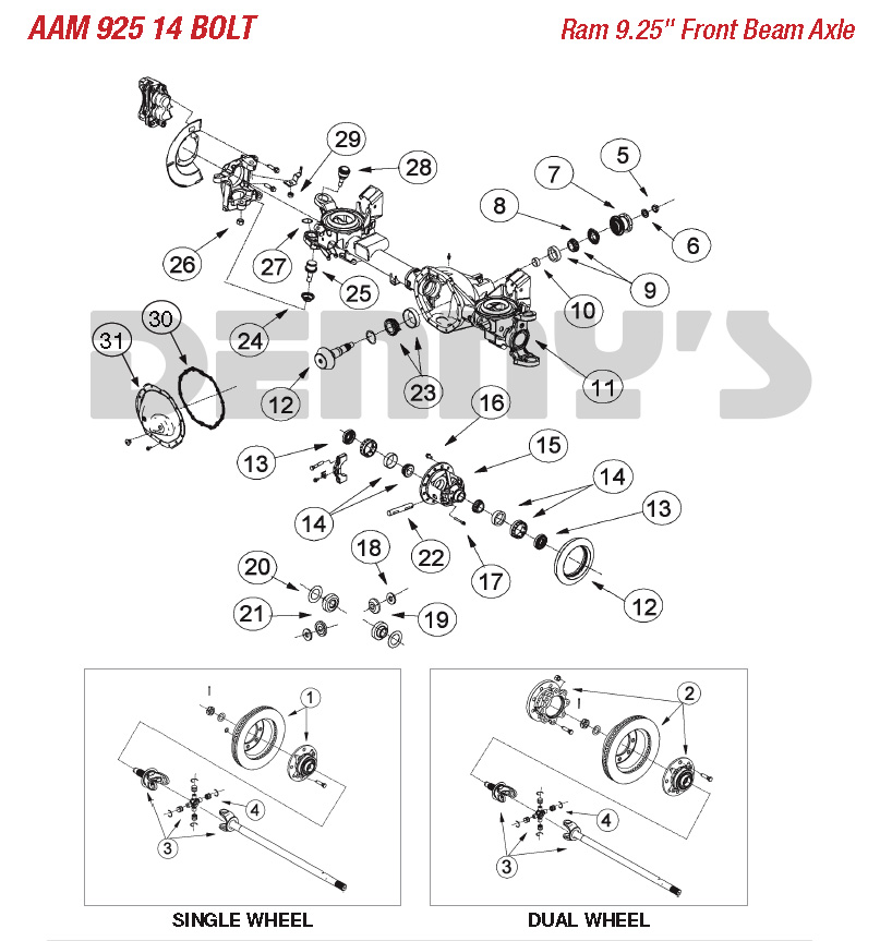 Parts diagram for AAM 9.25 inch 14 bolt FRONT axle for 2003 and newer Dodge Ram 2500, 3500 at Denny's Driveshafts