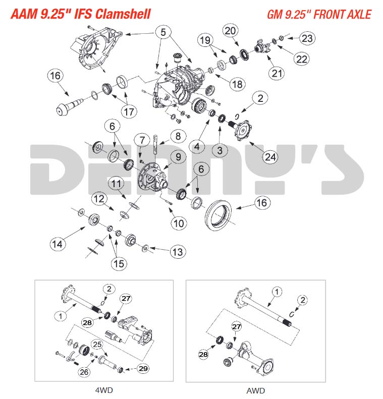 Parts diagram for AAM 9.25 IFS Clamshell front for Chevy GMC trucks at Denny's Driveshafts