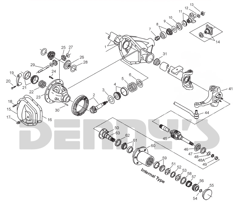 1966 to 1971 Ford U-100 Bronco Dana 30 front axle exploded view at Denny's Driveshafts