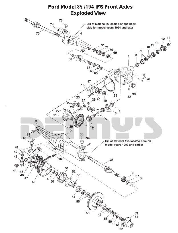 Dana 35 IFS front axle parts exploded view at Denny's Driveshafts