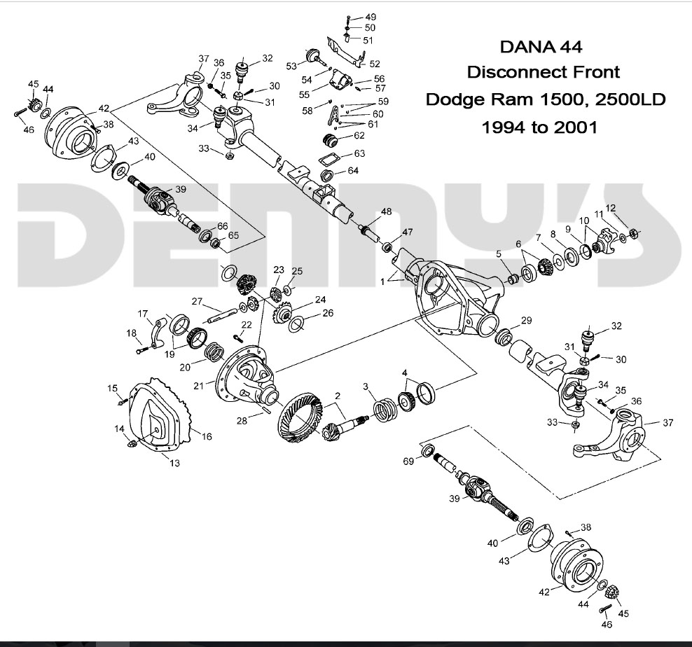 Denny's Driveshafts exploded view 1999 to 2001 Dodge Ram 1500, 2500LD with Dana 44 disconnect front axle 