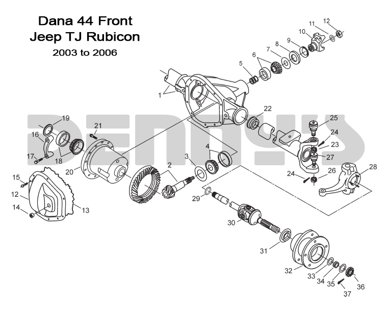 Denny's Driveshafts exploded view of Dana 44 front axle for Jeep TJ Rubicon 2003-2006