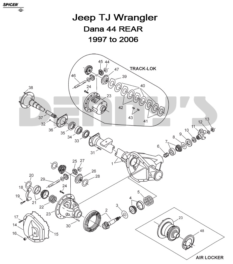 Parts diagram for Dana 44 REAR axle 1997 to 2006 Jeep TJ Wrangler at Denny's Driveshafts