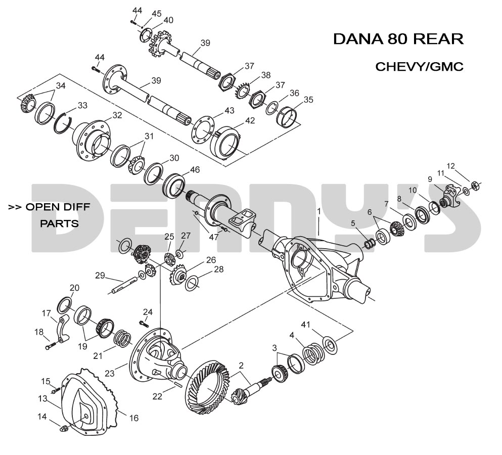 Dana 80 Rear end exploded view Chevy GMC at Denny's Driveshafts