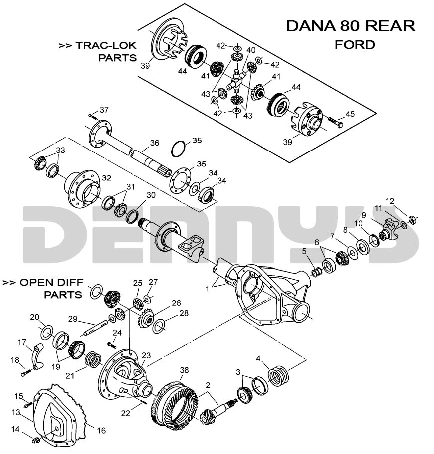 Dana 80 Rear end exploded view Ford F250, F350, F450, E350, E450 at Denny's Driveshafts