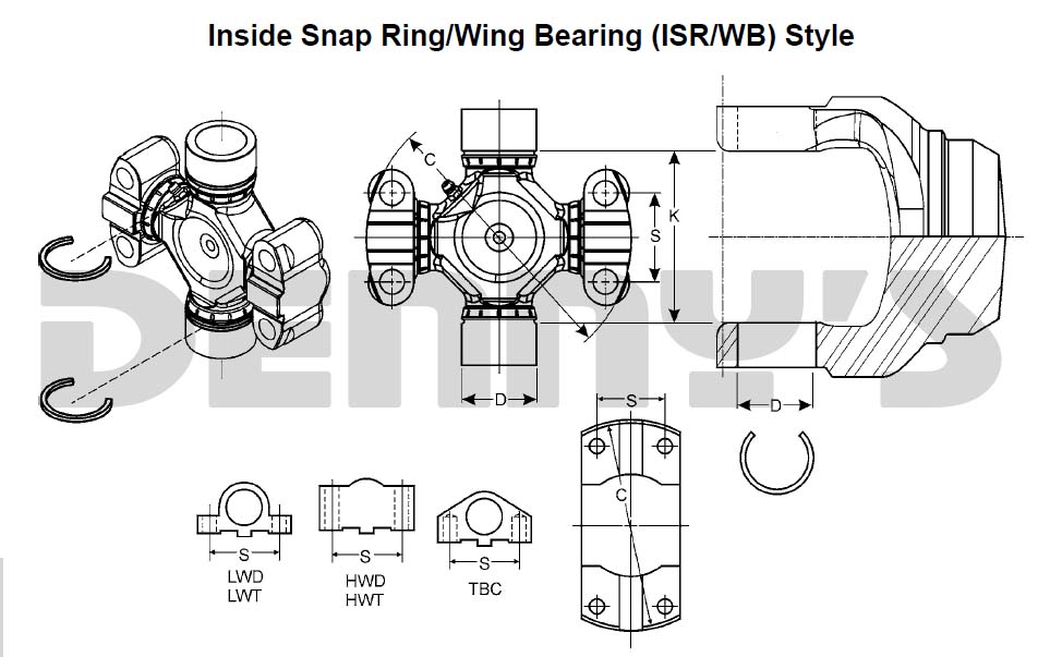 Inside C-Clip style to Wing style conversion u-joints at Denny's Driveshafts