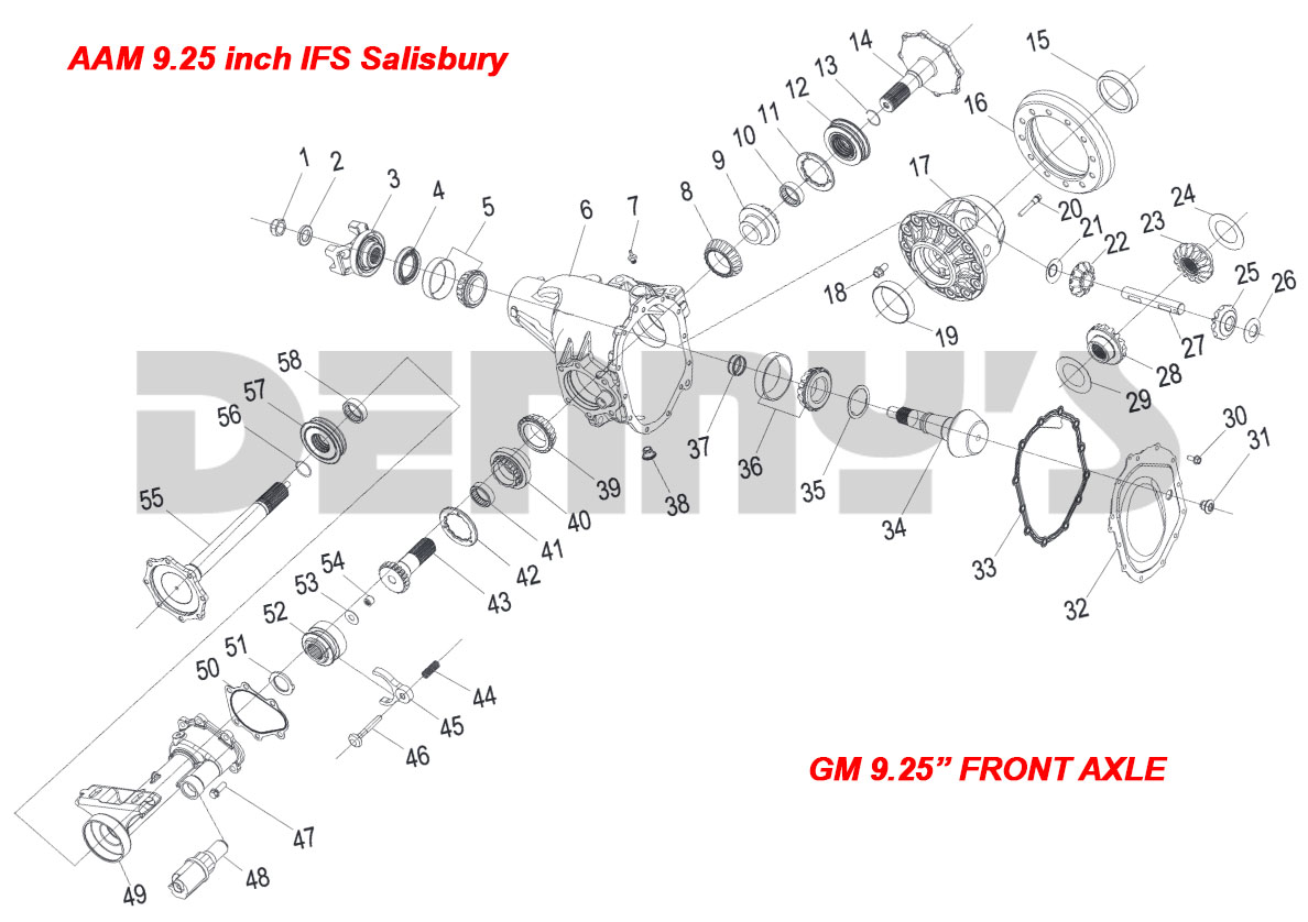 Parts diagram for AAM 9.25 IFS Salisbury front for Chevy GMC trucks at Denny's Driveshafts