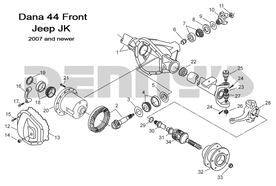 Jeep Wrangler JK front Dana 44 axle and differential parts at Denny's  Driveshafts