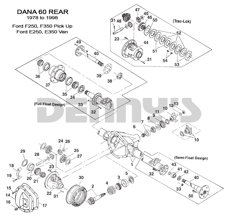 Dana 60 Rear end exploded view 1978 to 1998 Ford F250, F350, E250, E350 at Denny's Driveshafts