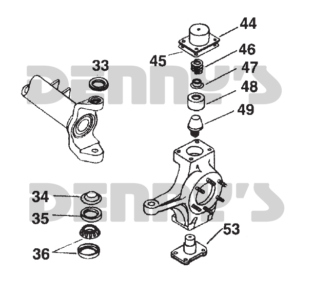 Exploded view of Dana 60 steering knuckle king pin parts at Denny's Driveshafts