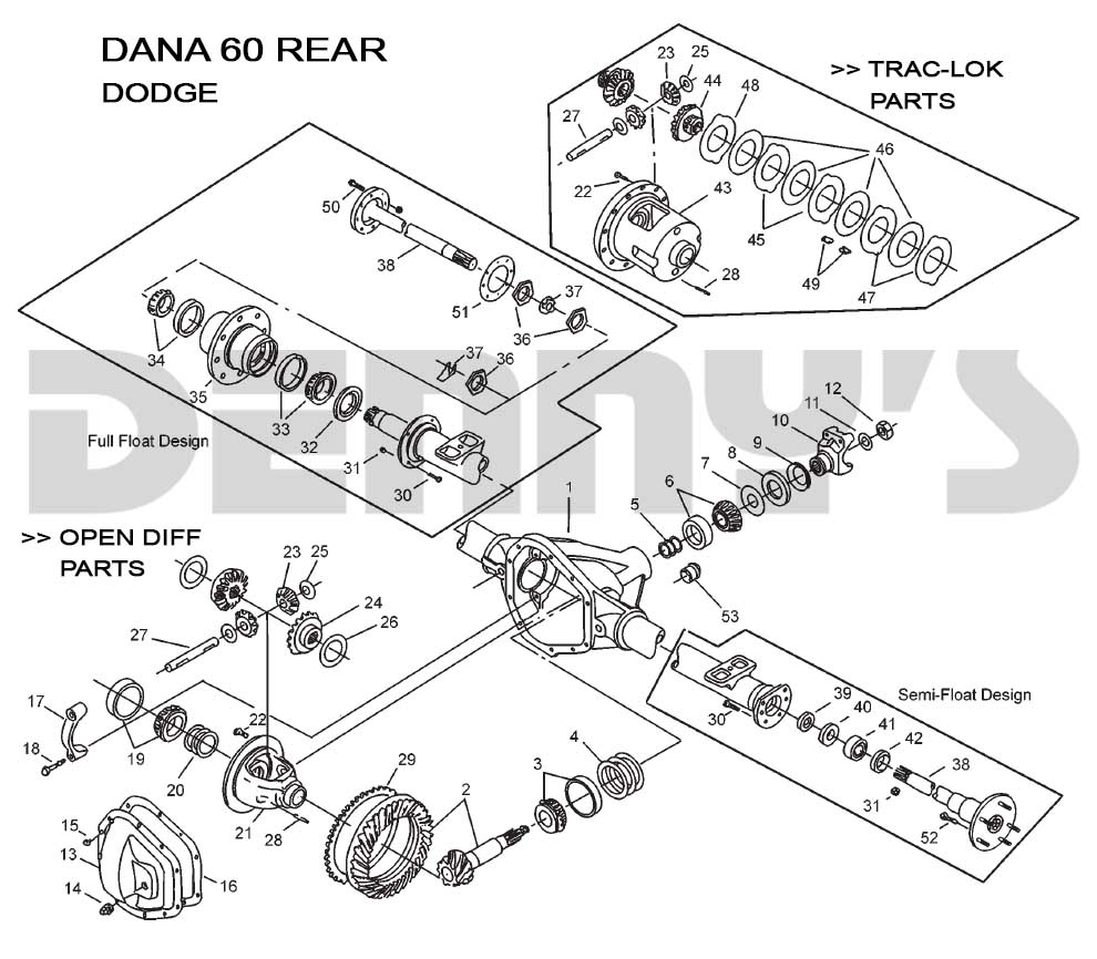 Dana 60 Rear end exploded view Dodge at Denny's Driveshafts