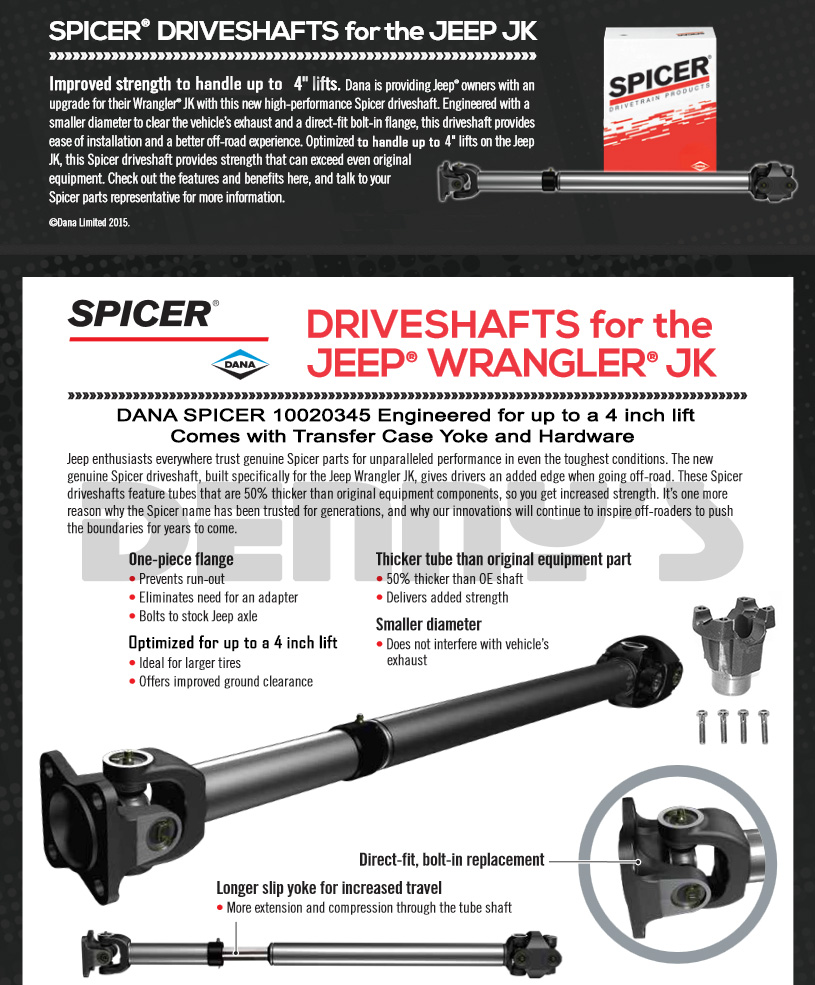 Dana Spicer Jeep JK Driveshafts page Copyright Denny's Driveshafts DO NOT COPY