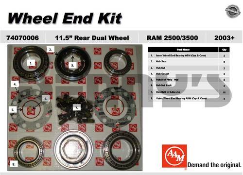 AAM - AAM 74070006 Rear axle Wheel Bearing Kit fits 11.5 inch rear 2003 to 2013 RAM 3500 with DUAL rear wheels - includes parts for both sides