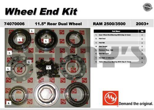AAM - AAM 74070006 Rear axle Wheel Bearing Kit fits 11.5 inch rear 2003 to 2013 RAM 3500 with DUAL rear wheels - includes parts for both sides