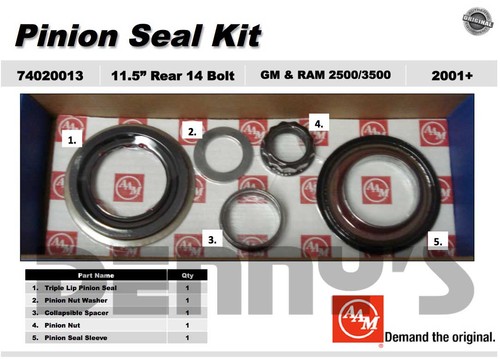 AAM 74020013 Pinion Seal Kit fits 2001-2012 GM 11.5 and  2003-2012 RAM 2500/3500 with 11.5 inch FULL FLOATER REAR Axle